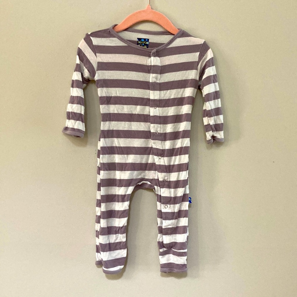 Kickee Pants coveral in gray/white stripes. Size 6-9 months